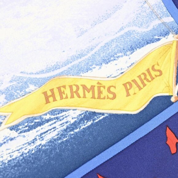 HERMES Logo XL "En Course" Carre 90 Scarf 100% Blue France 63RP008 - Picture 7 of 13